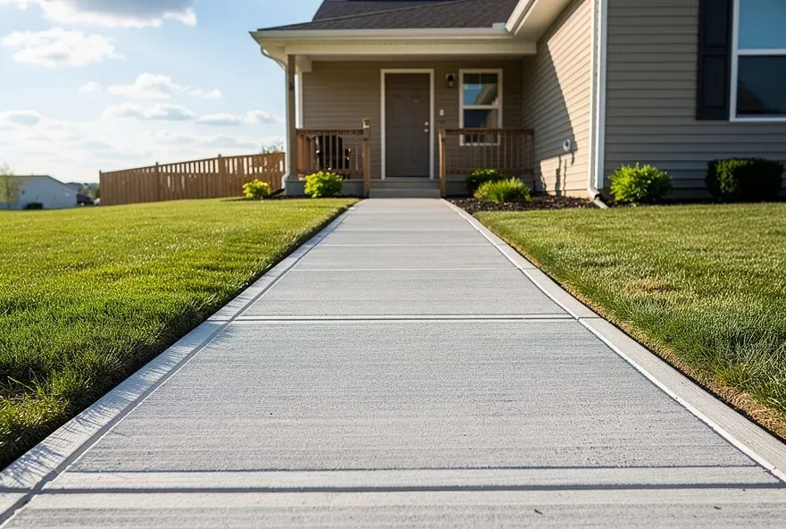 Freshly poured concrete sidewalk along the front yard of a home in Beloit, Wisconsin on a sunny day.