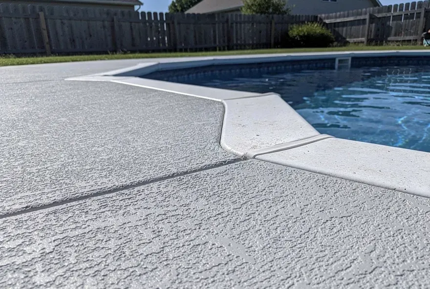 Freshly finished textured concrete pool deck around a backyard pool in Beloit, Wisconsin.