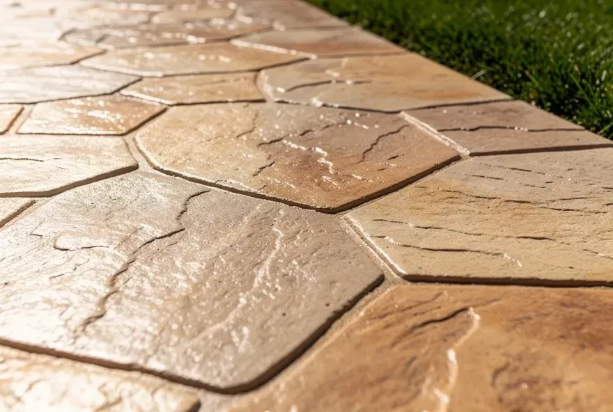 Stamped concrete patio with stone-pattern texture attached to a home in Beloit, Wisconsin.