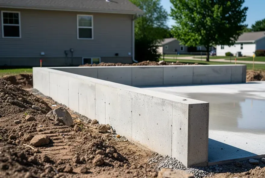Freshly poured concrete foundation wall at a residential construction site in Beloit, Wisconsin.