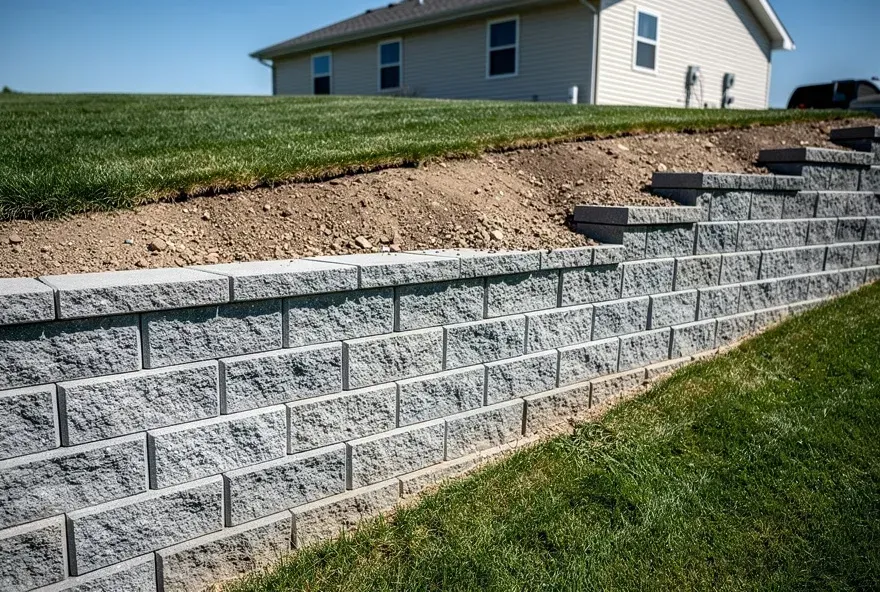Completed concrete block retaining wall in a residential backyard in Beloit, Wisconsin.