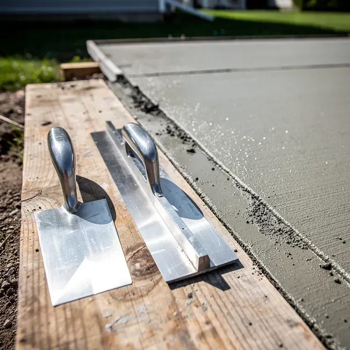 Close-up of concrete finishing tools on a residential job site in Beloit, Wisconsin.