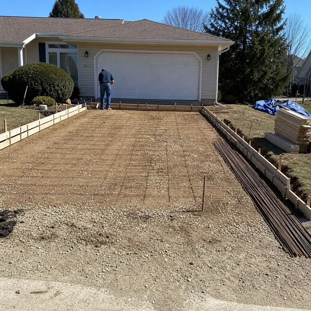 Freshly finished concrete driveway attached to garage on a sunny day in Beloit, Wisconsin.