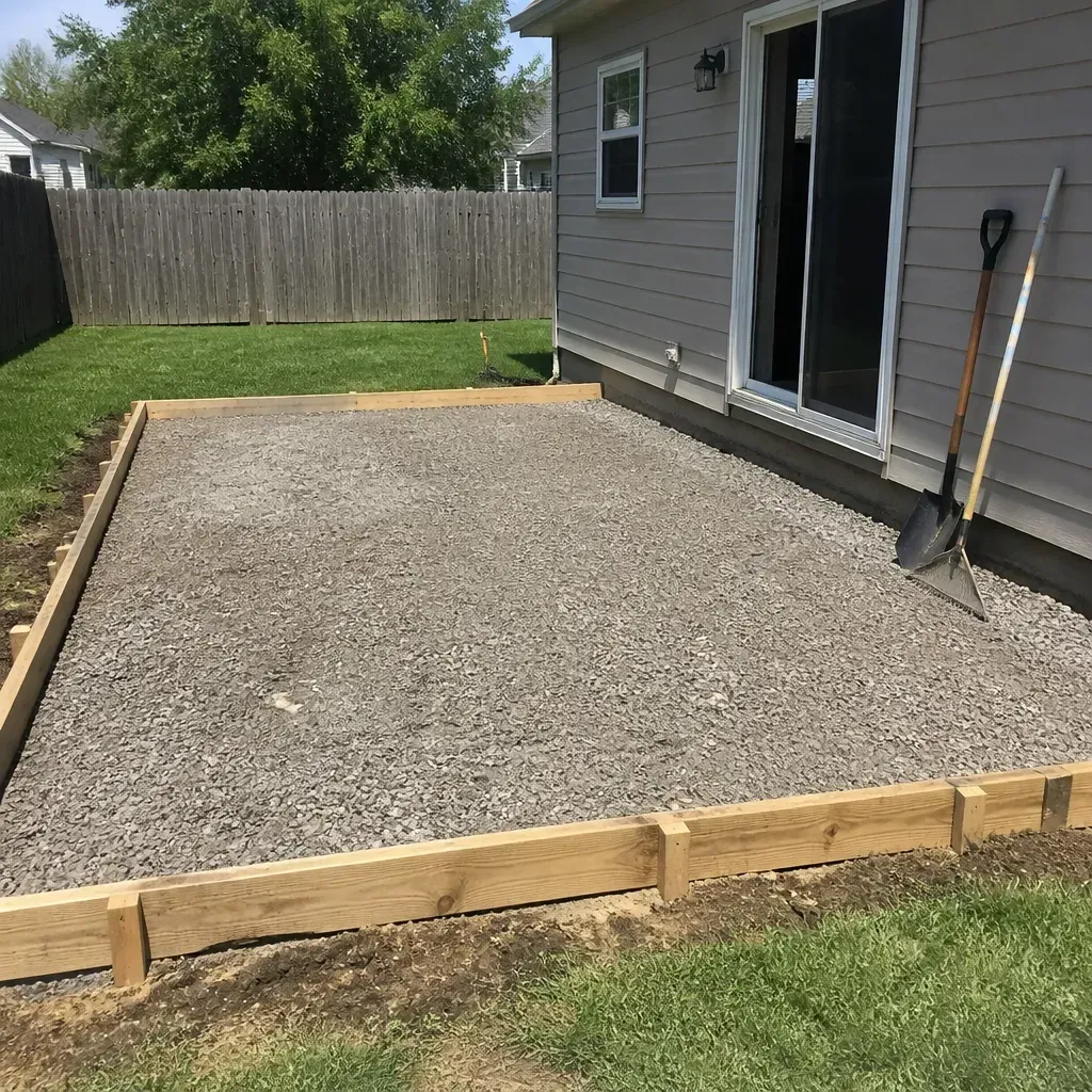 Patio construction project in progress with concrete forms and gravel base in Beloit, Wisconsin.