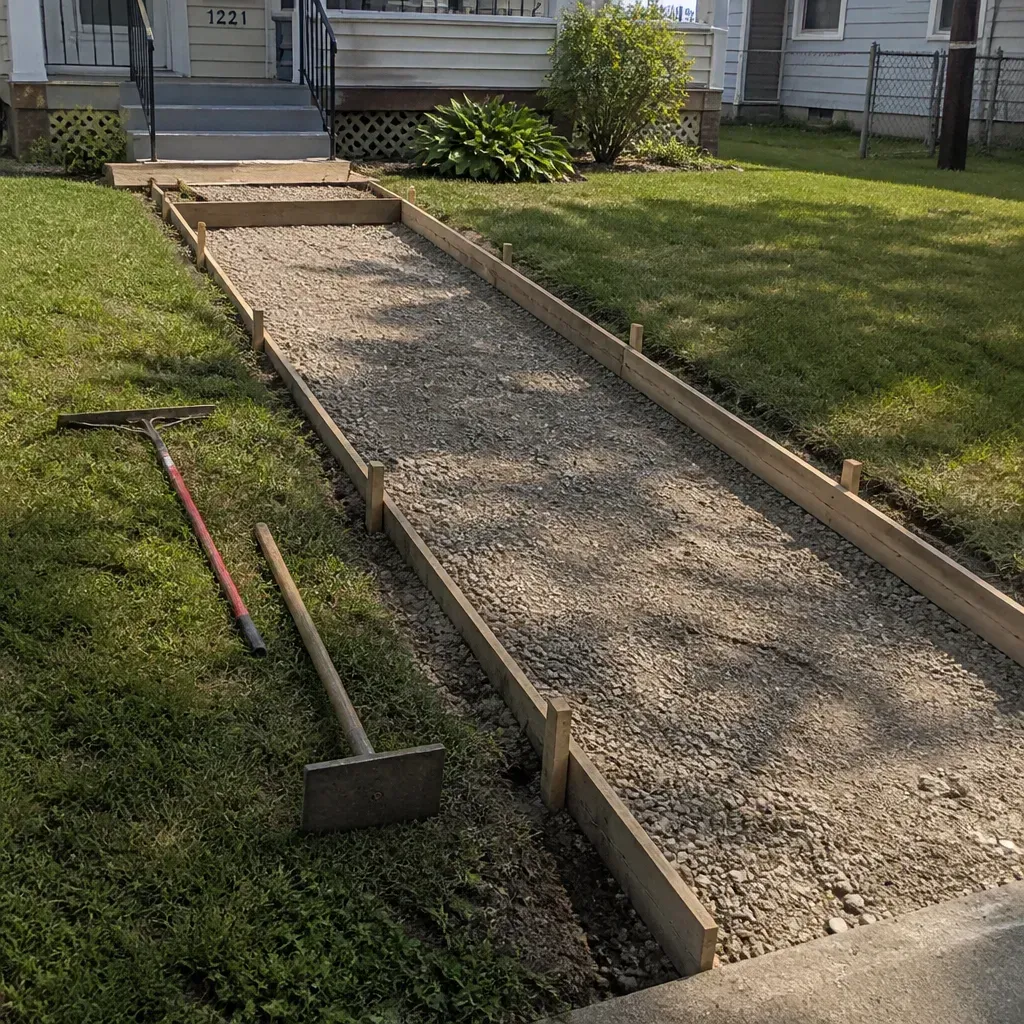 Sidewalk construction project in progress with concrete forms and gravel base in Beloit, Wisconsin.