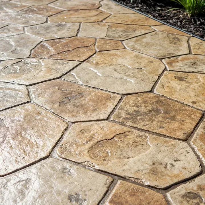Close-up of stamped concrete with stone-pattern texture and earth-tone coloring in Beloit, Wisconsin.