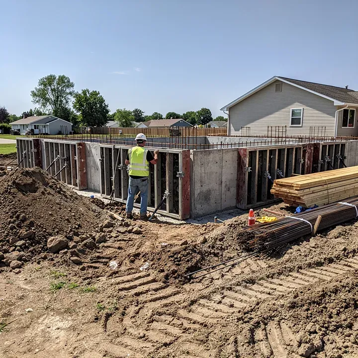 Foundation construction project in progress with formed concrete walls in Beloit, Wisconsin.