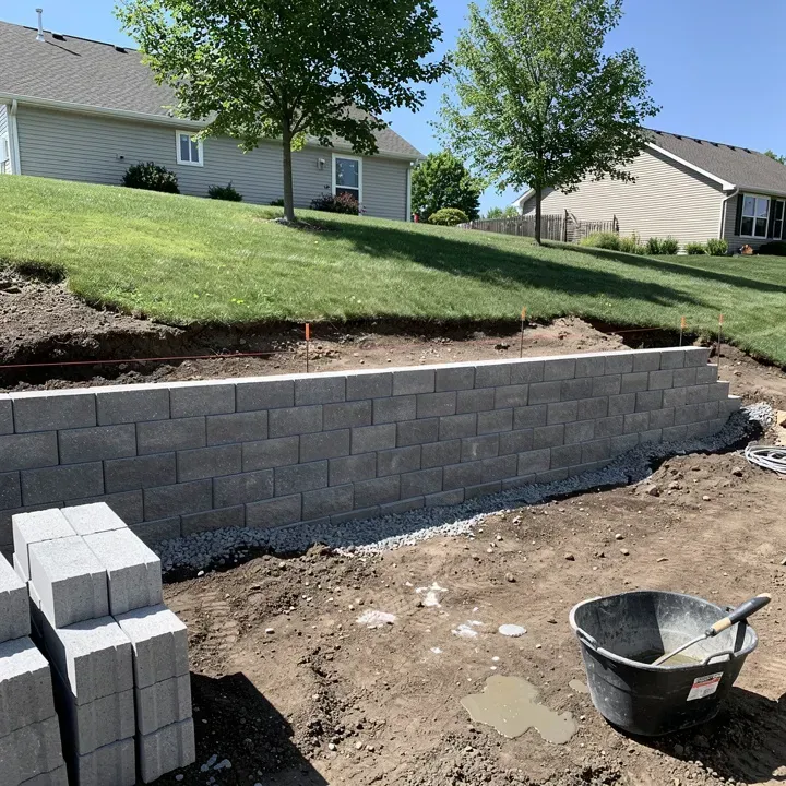 Concrete block wall construction project in progress with stacked blocks in Beloit, Wisconsin.