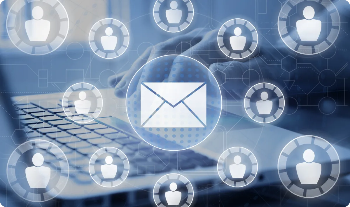 Diagram of an onboarding email surrounded by client profile icons