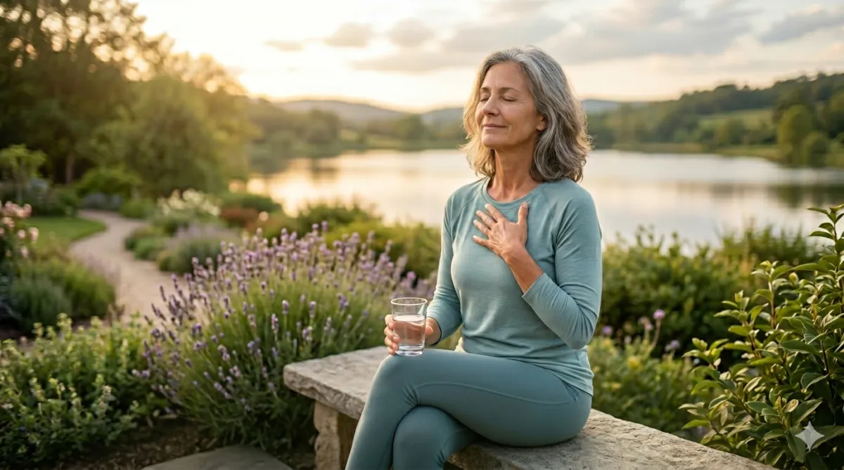A serene woman over 50 with silver hair sitting on a stone bench in a lush garden during sunset. She has her eyes closed and a hand over her heart, embodying nervous system regulation and inner peace. She holds a glass of water, with a calm lake and golden hour sunlight in the background.