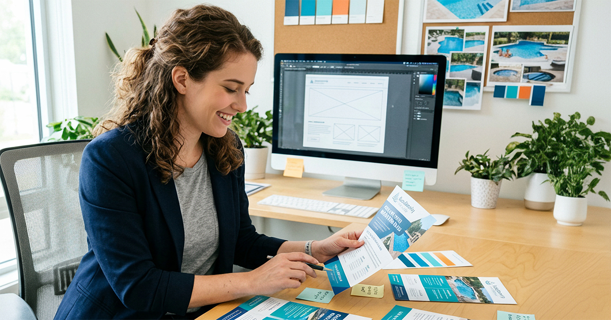 Designer reviewing branded marketing materials on a clean desk to assess strategic layout, visual hierarchy, and conversion-focused design