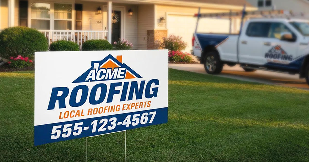Professional outdoor yard signs and banners placed at a job site, showing how local businesses use signage to build visibility in their community.