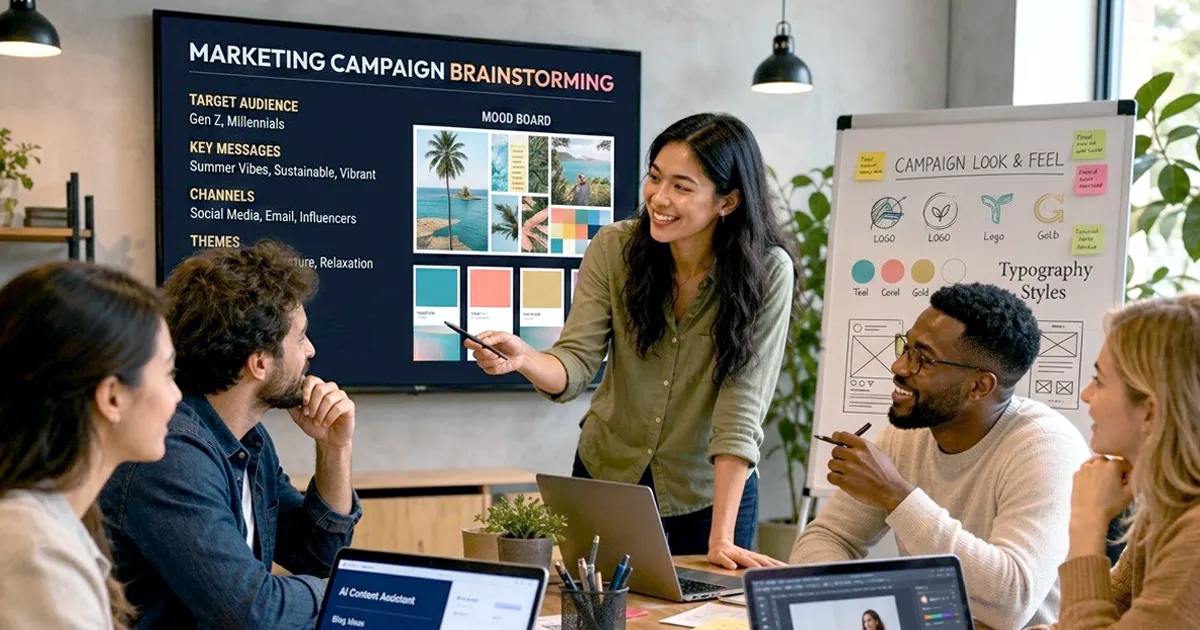 Creative marketing professionals collaborate around a table, brainstorming a campaign with sketches, laptops, and design materials. AI used as a tool that supports creativity and helps teams produce stronger marketing not a replacement.