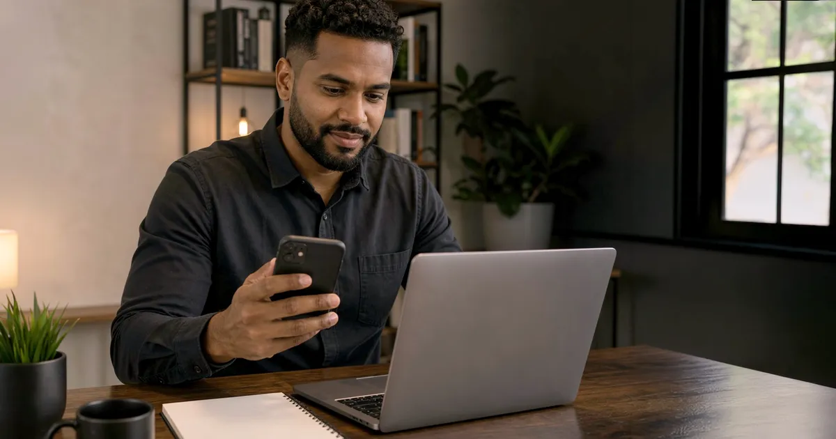 Business owner reviewing tasks while using a laptop and smartphone, illustrating how automation and better systems improve productivity and business efficiency.