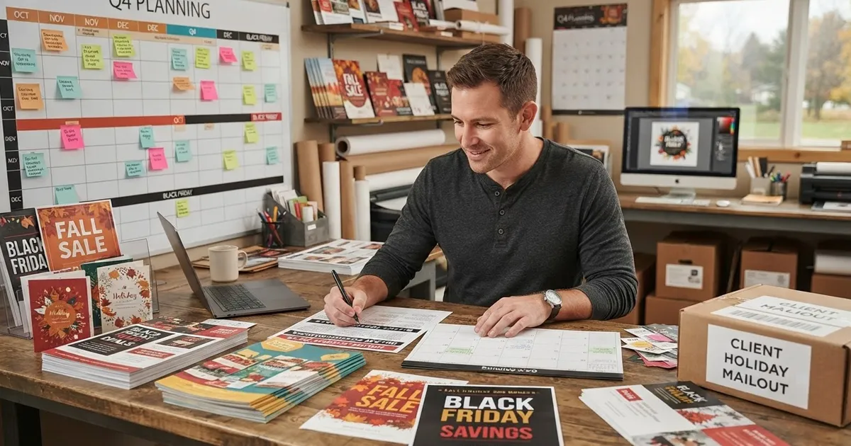 Business owner planning a Q4 marketing campaign featuring direct mail, brochures, holiday cards, branded swag, and business signage.
