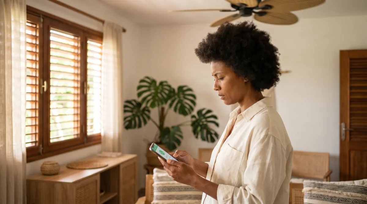 Entrepreneuse guadeloupeenne dans son local pro avec smartphone et icones chat et appel IA