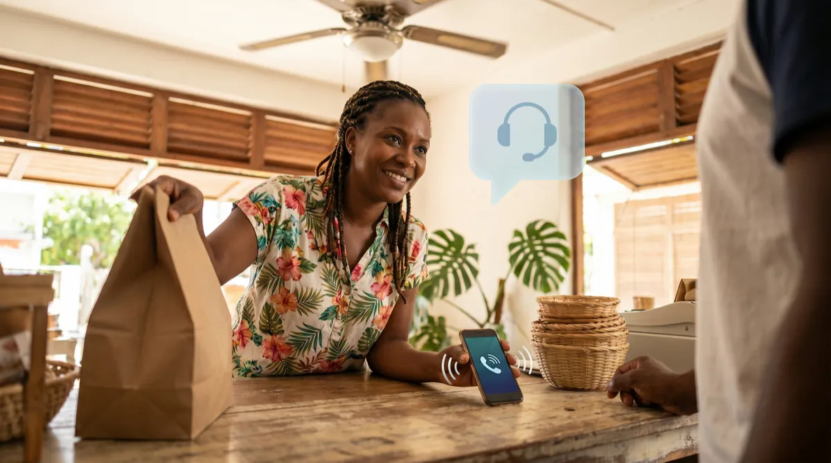 Commercante guadeloupeenne servant un client pendant que son smartphone affiche un appel gere par un agent vocal IA DCG AI