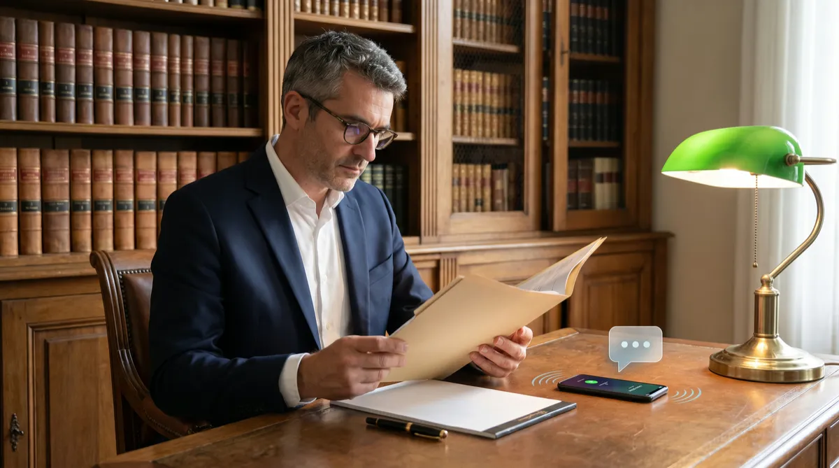 Avocat francais concentre sur un dossier juridique pendant que son smartphone sonne et qu un agent vocal IA repond automatiquement