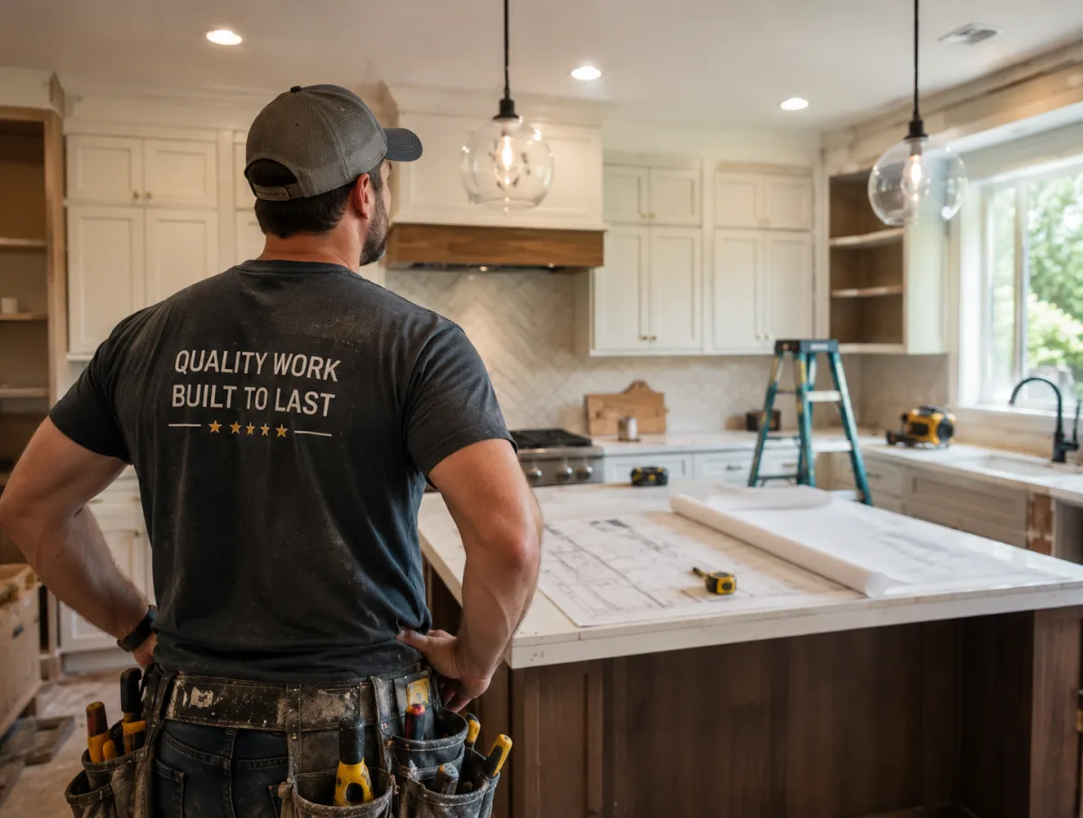 kitchen remodeling contractor standing inside a completed modern kitchen remodel showcasing professional craftsmanship and kitchen renovation services