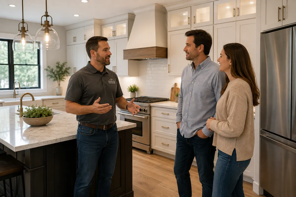 Homeowner meeting with a kitchen remodeling contractor for a free in home estimate on a custom kitchen renovation. Trusted local kitchen remodeler discussing project ideas, design options, pricing, and remodeling services with homeowners.