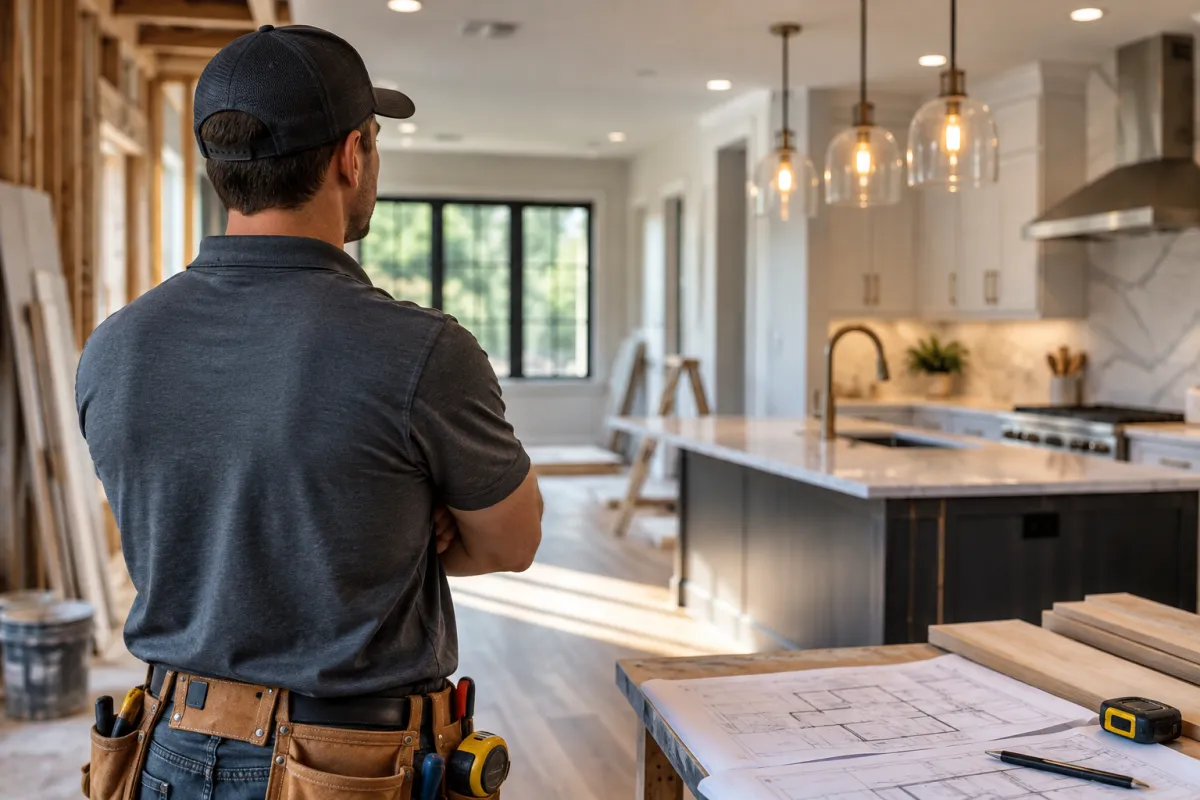 Remodeling contractor inspecting a modern kitchen renovation with blueprints, showcasing how to grow a remodeling business and get more remodeling jobs.