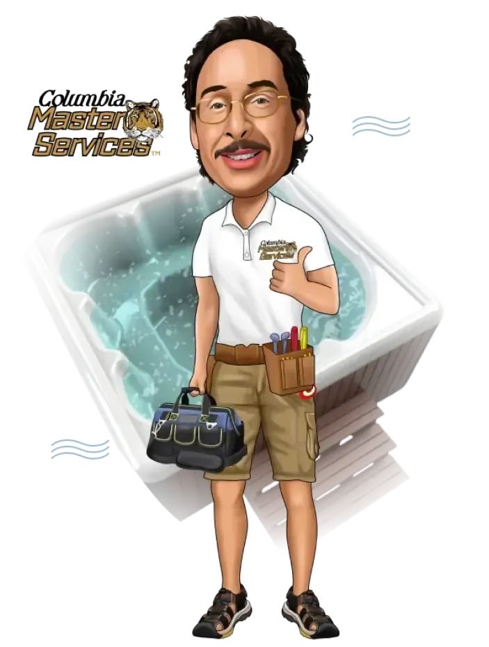 Caricature of Drew the technician in a uniform holding a toolbox and wearing a tool belt. He stands in front of a hot tub, with "Columbia Master Services" written on his shirt and in the background.