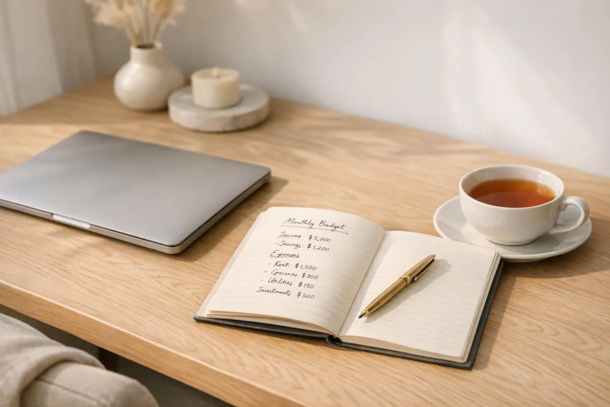 Woman at kitchen table reviewing budget with notebook and laptop, looking calm and focused while planning her money goals