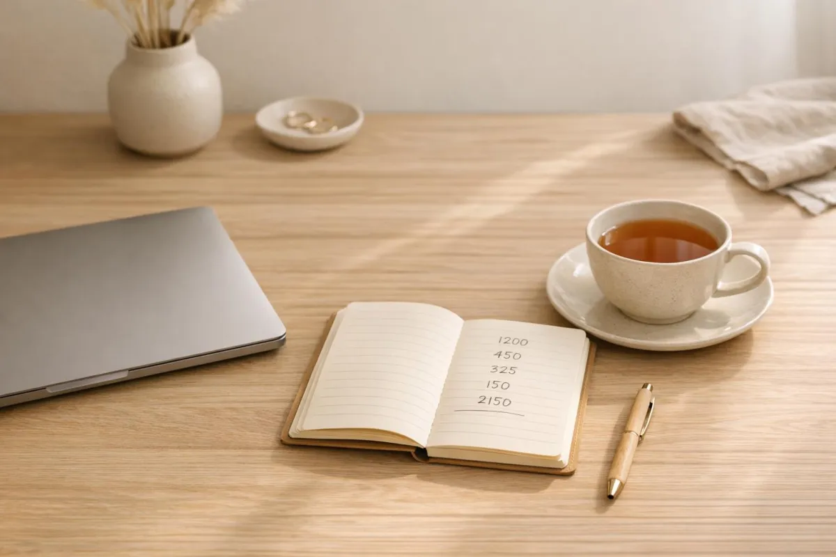 Woman in her 30s calmly reviewing finances at a kitchen table with notebook and laptop, planning a catch-up money strategy