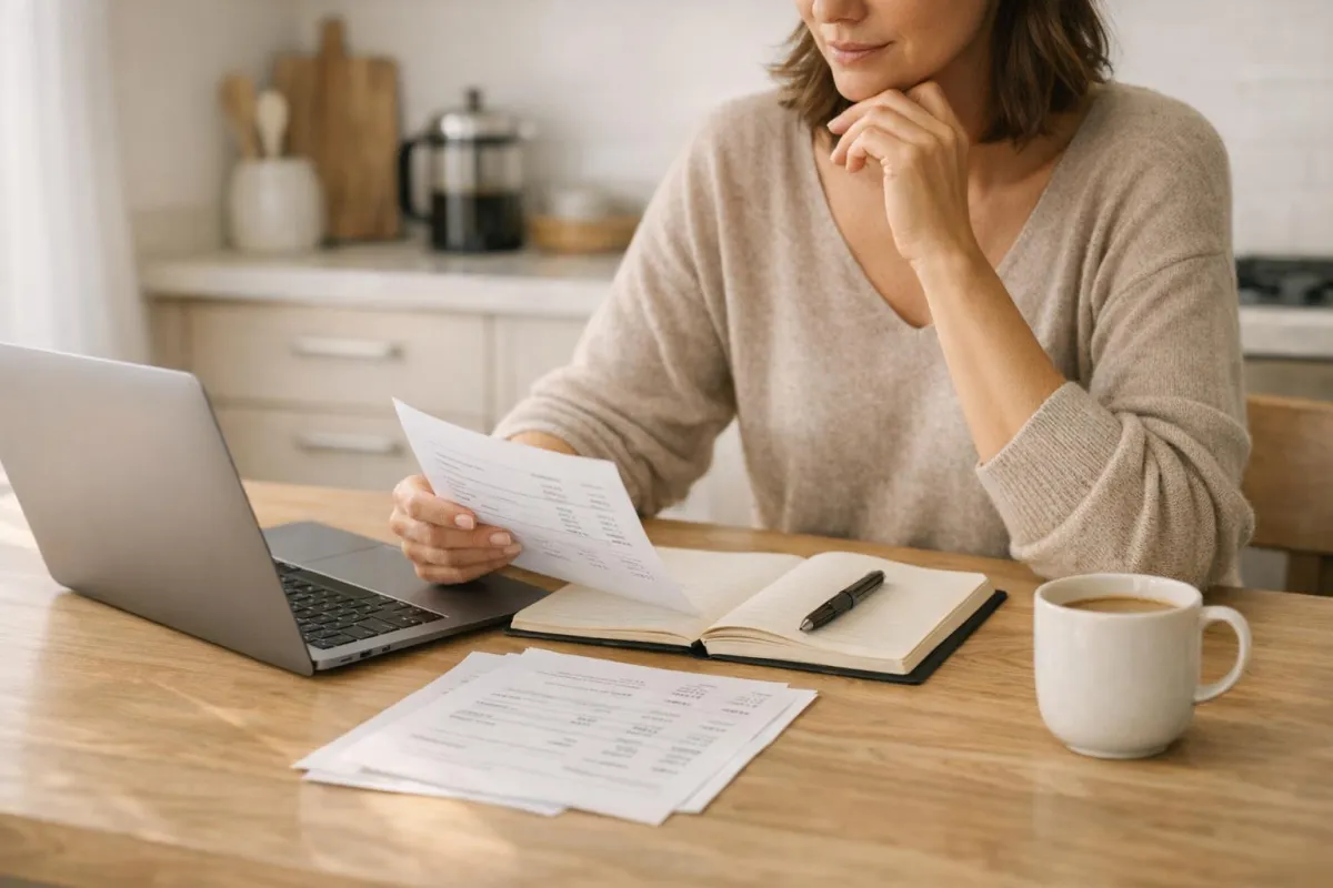 Woman sitting at kitchen table reviewing finances with a notebook, looking relieved and calm about her money plans