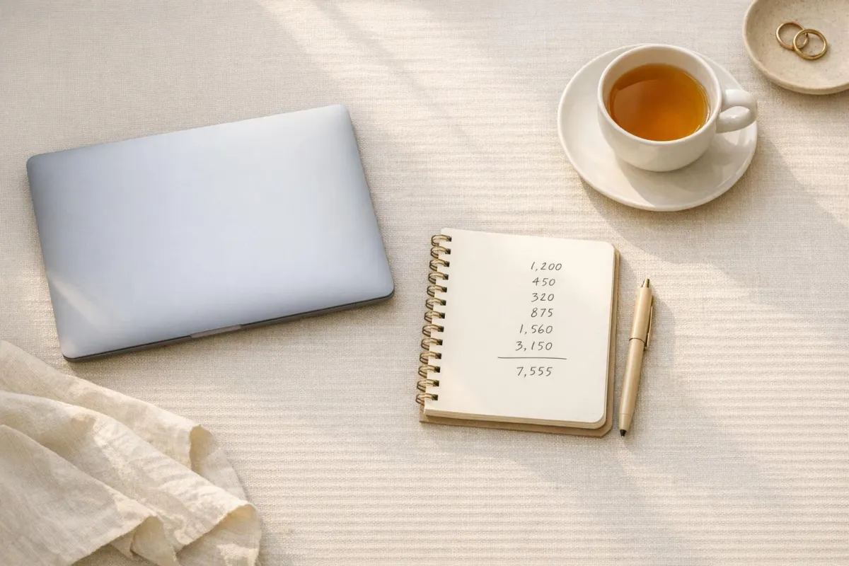 Person calmly reviewing a simple budget at a kitchen table, with notebook, laptop, and coffee, looking hopeful about money reset