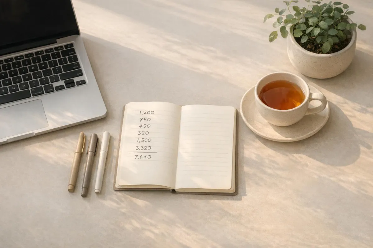 Woman at kitchen table reviewing bills and laptop, creating a simple money plan with a calm, focused expression