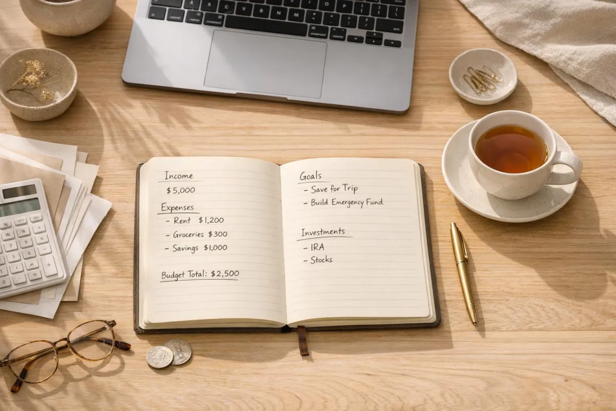Woman calmly reviewing budget at kitchen table with notebook and laptop, planning a gentle money reset and financial goals