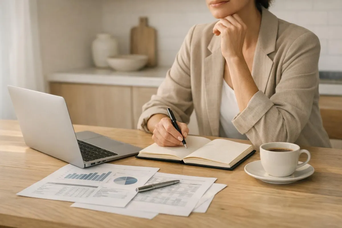 Confident woman planning a 30-day, shame-free money reset at a calm desk with notebook, laptop, and coffee