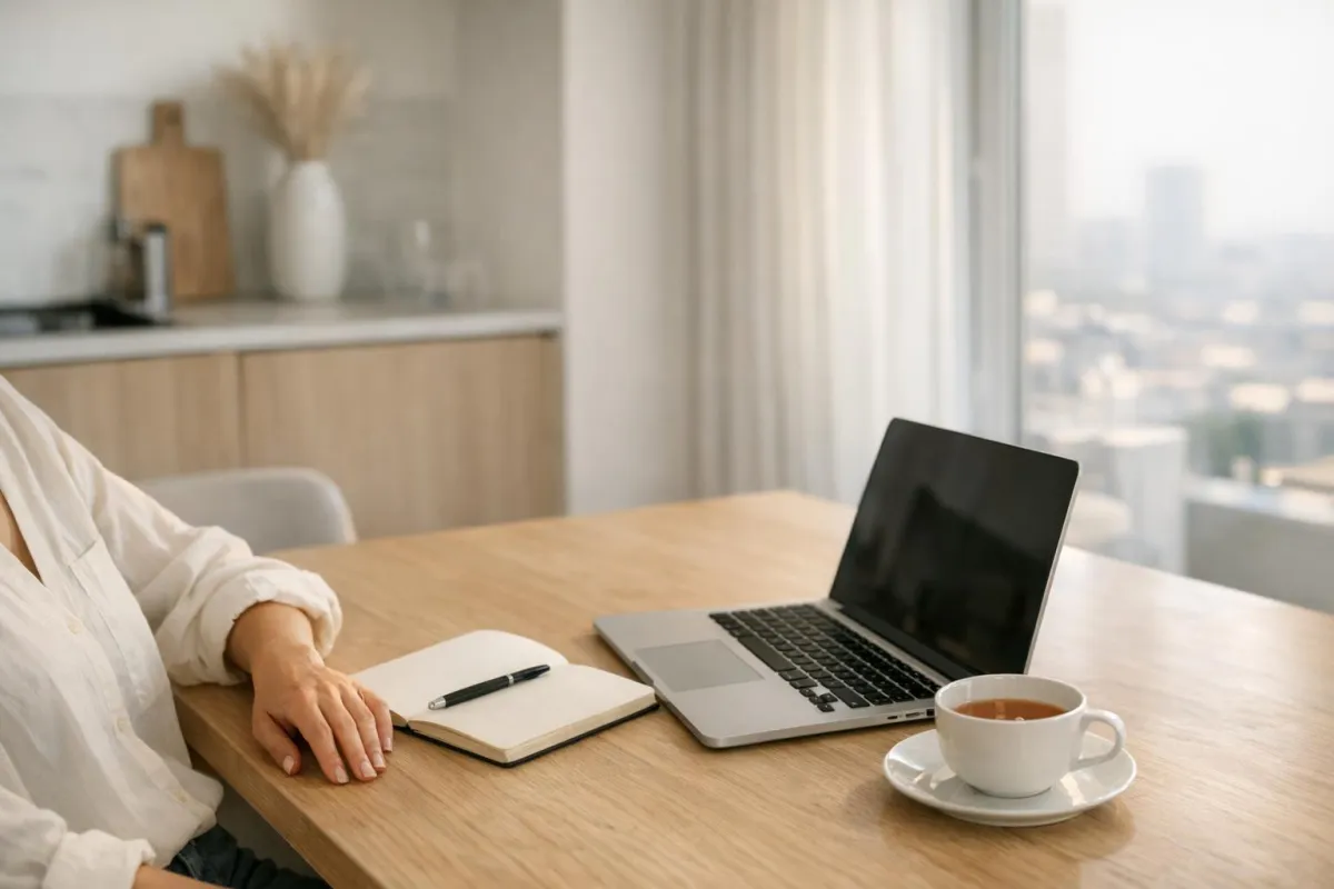 Woman reviewing finances at a kitchen table, creating a gentle money reset plan and budget to feel financially secure again