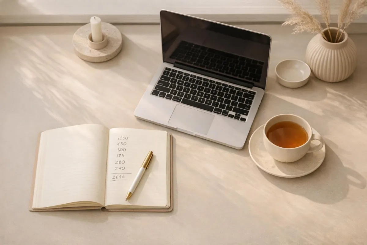 Woman calmly reviewing budget at kitchen table with coffee, notebook, and laptop, planning a realistic 30-day money reset