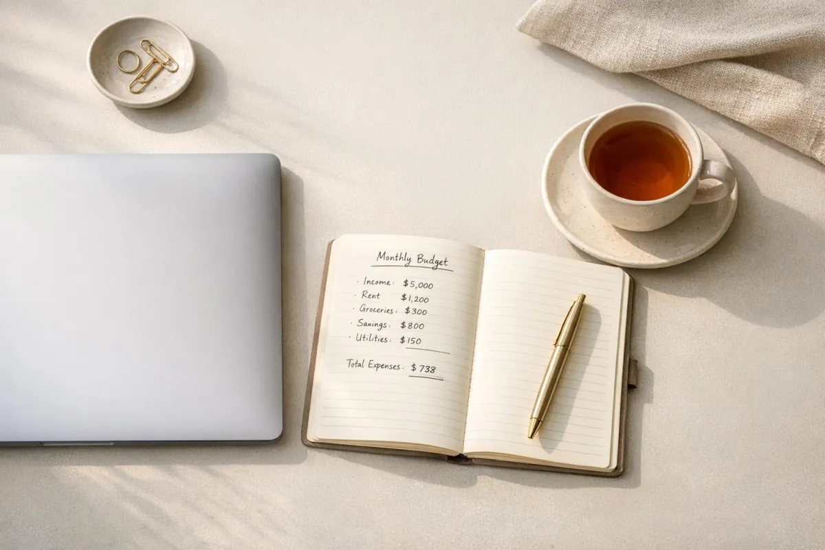 Woman in her 30s reviewing finances at a kitchen table, looking thoughtful but hopeful with a notebook and laptop