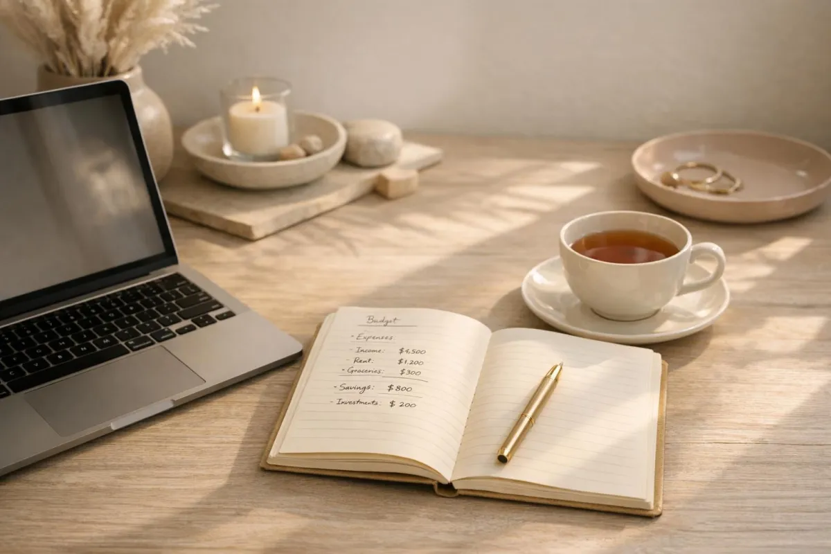 Woman at kitchen table creating a 30‑day money reset plan, looking calm and focused with notebook, laptop, and coffee