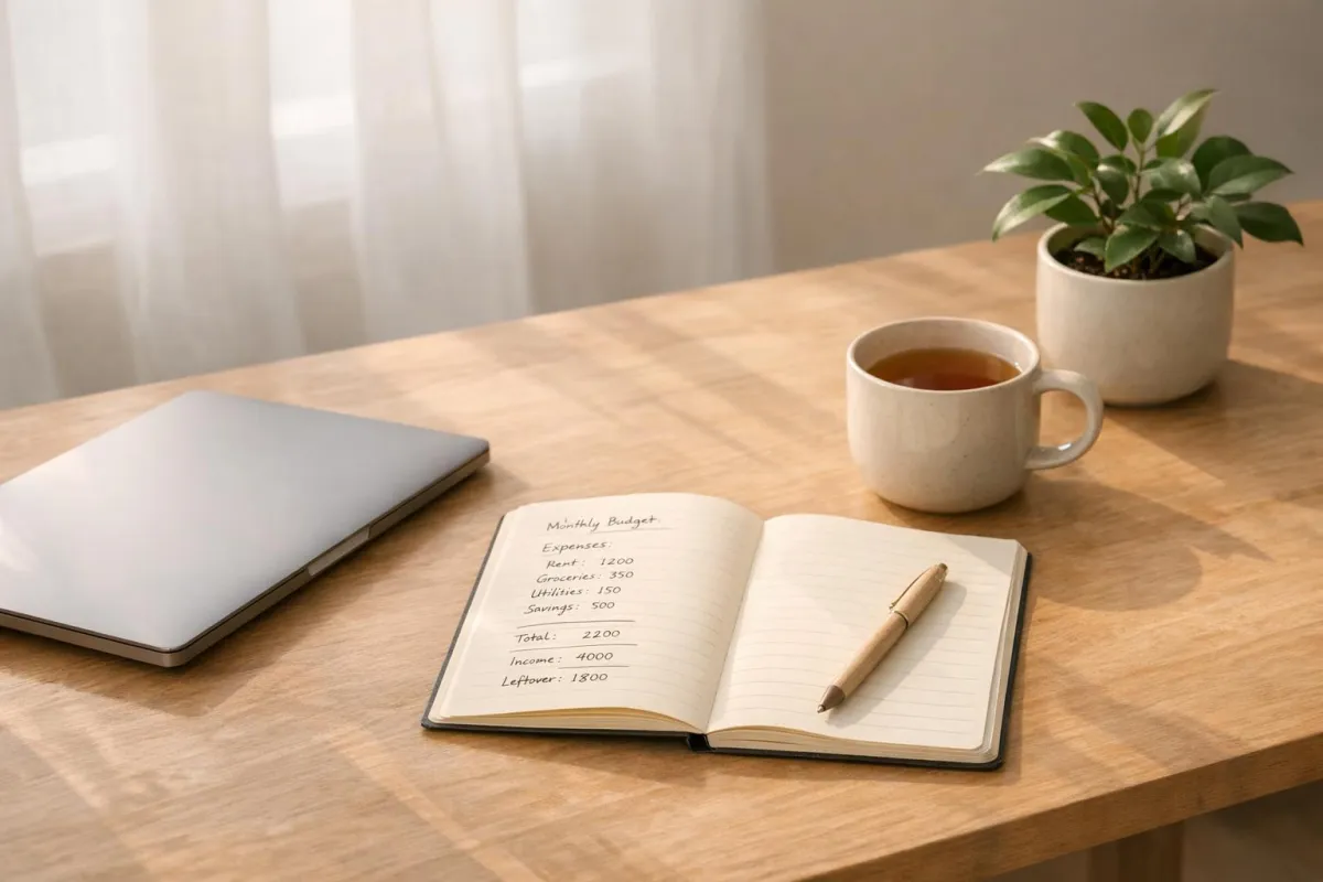 Calm person at a table reviewing finances with a notebook, laptop, and coffee, creating a simple 30-day money reset plan