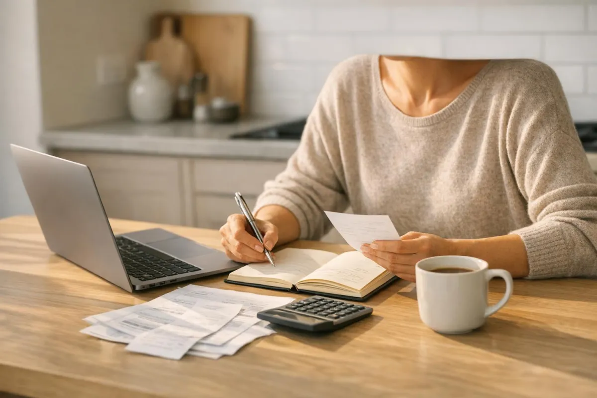 Woman sipping coffee at kitchen table reviewing finances, laptop and notepad open, looking calm and confident about money
