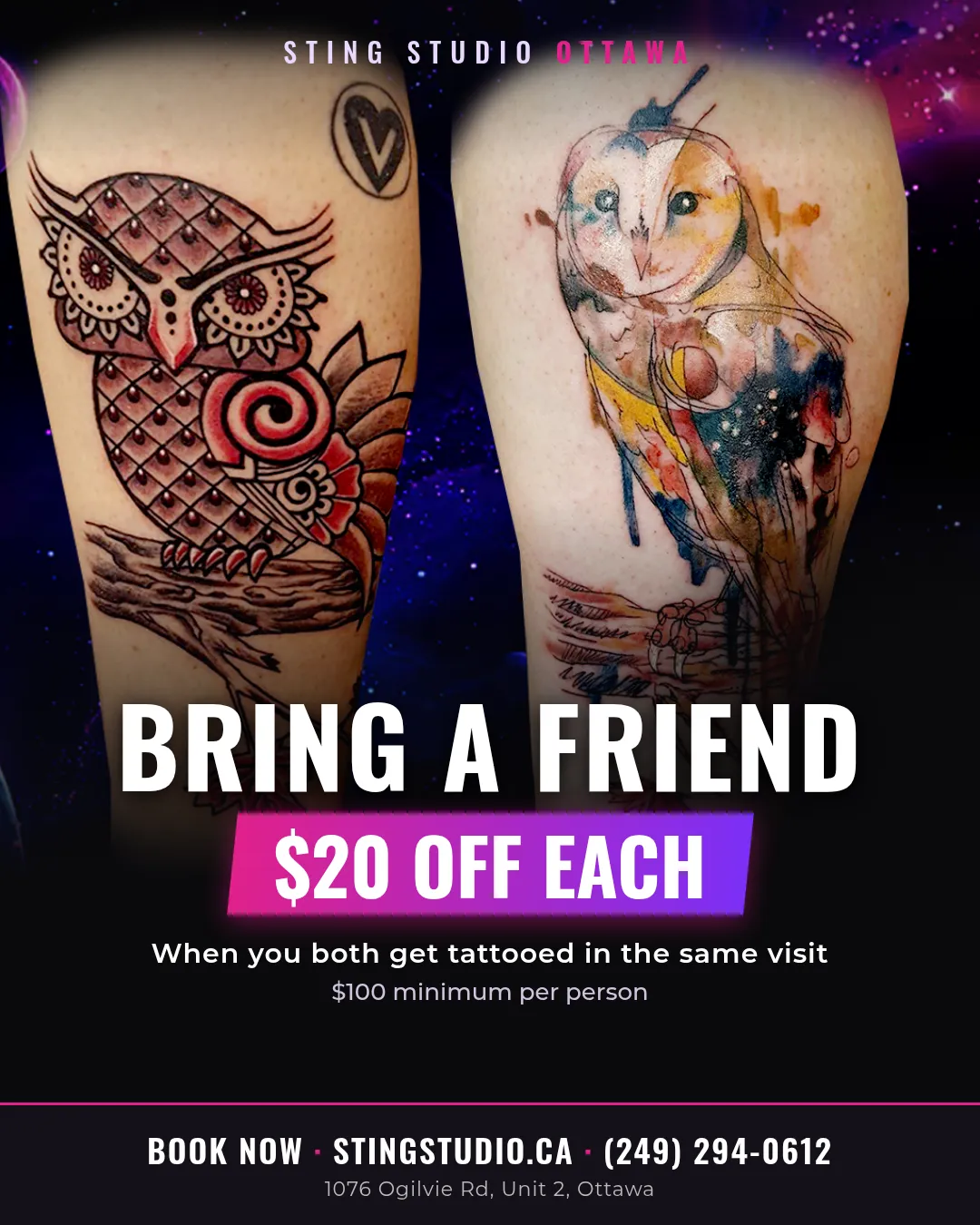 Bring a Friend promo: $20 off each when you both get tattooed, Sting Studio Ottawa