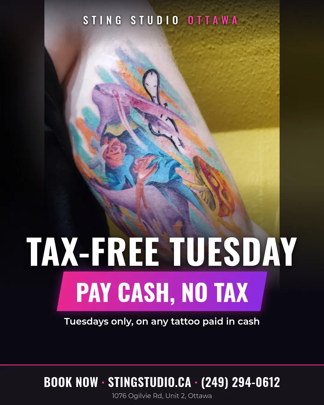 Tax-Free Tuesday promo: pay cash, no tax, Sting Studio Ottawa