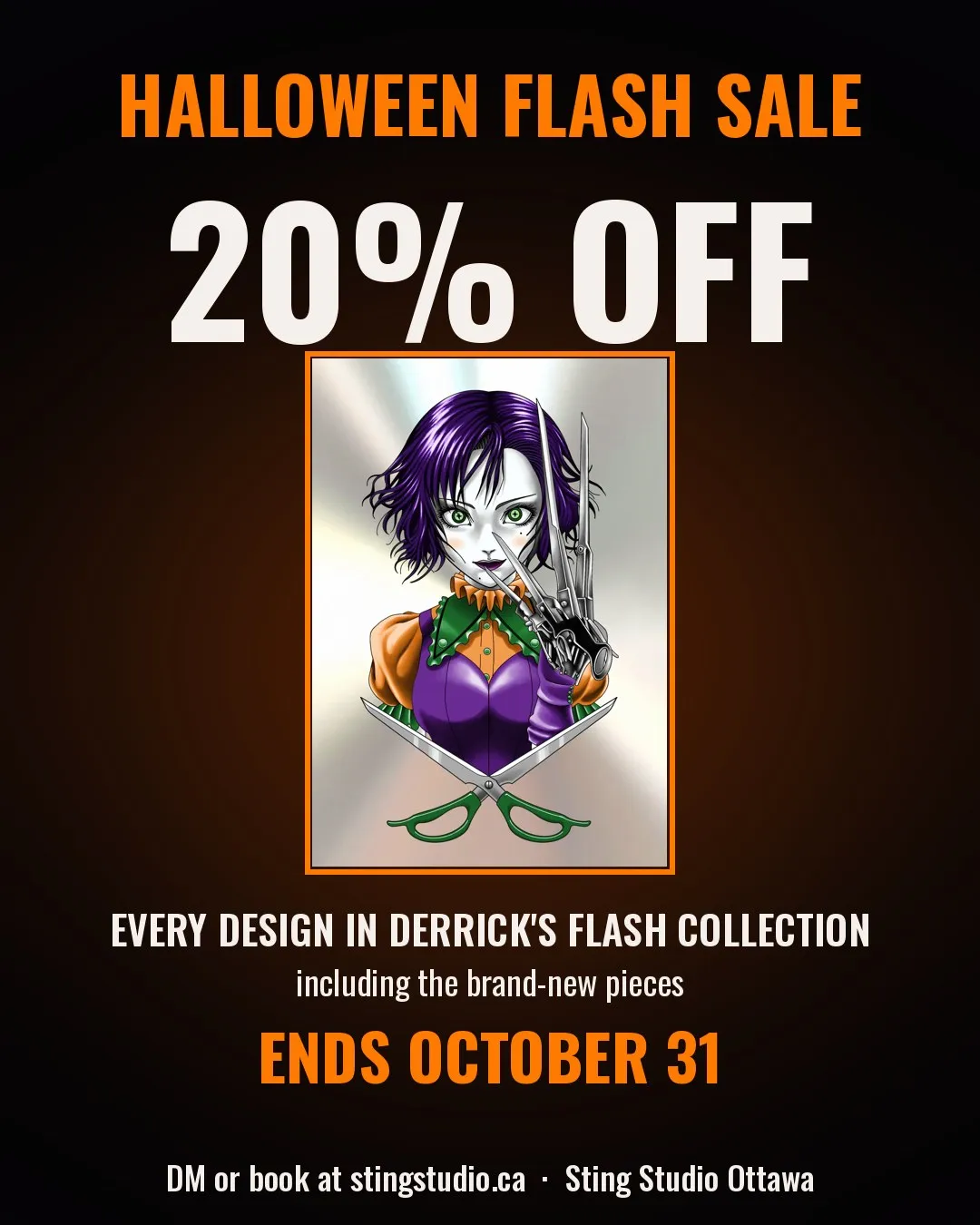 Halloween flash sale: 20% off every design in Derrick's flash collection at Sting Studio Ottawa, ends October 31