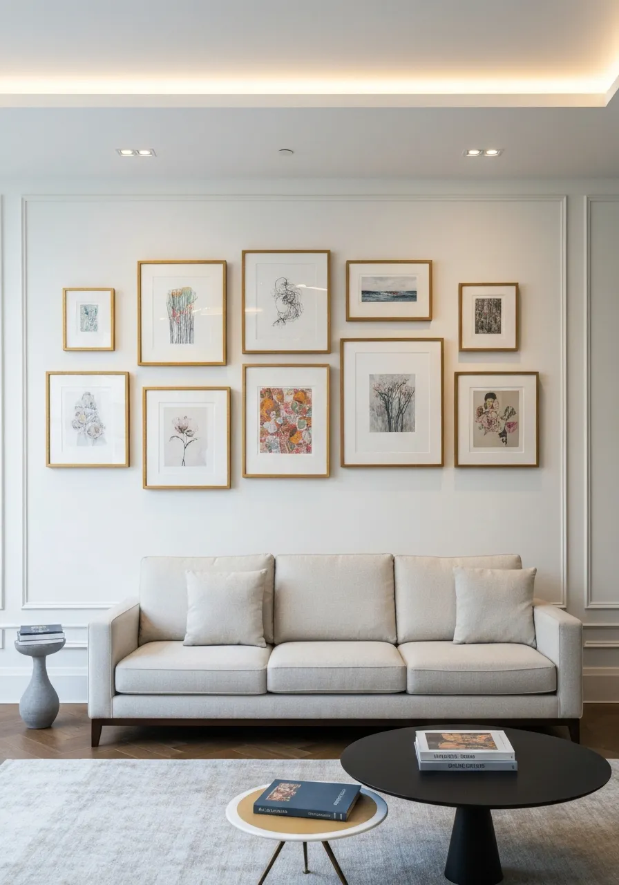 Residential gallery wall installation featuring professionally spaced framed artwork above a modern living room seating area