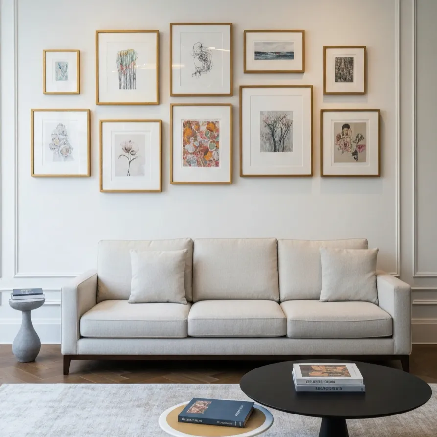 Residential gallery wall installation above a modern living room sofa with professionally balanced artwork placement