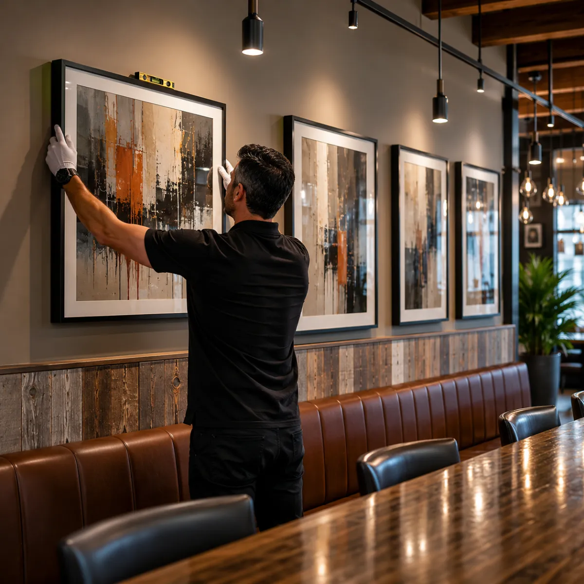 Commercial artwork installer aligning framed artwork in a hospitality space with professional picture hanging and artwork placement services