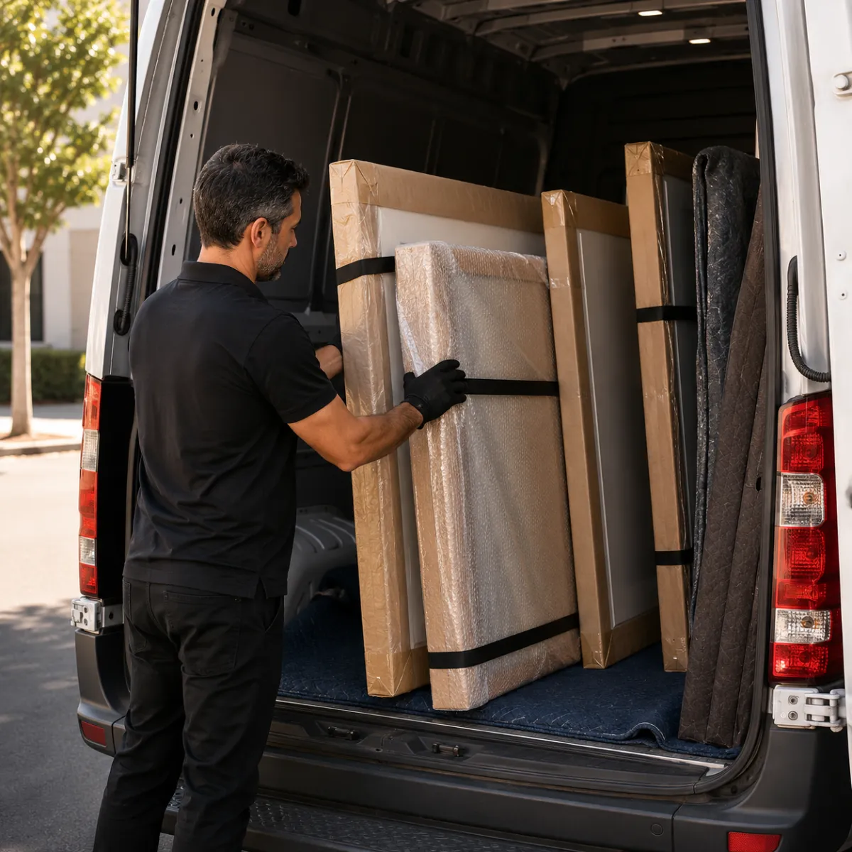 Professional artwork pickup and delivery service loading protected framed artwork into a transport vehicle for residential and commercial projects