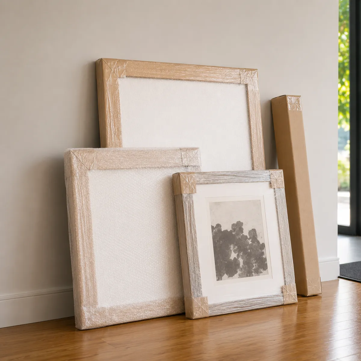 Protected framed artwork prepared for transportation and coordinated delivery with professional artwork handling and packaging