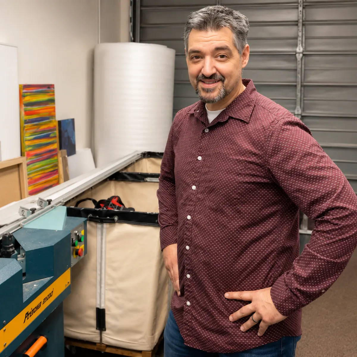 Conan Ridzik standing in a framing workshop with professional equipment, smiling beside artwork handling tools and framing machinery.