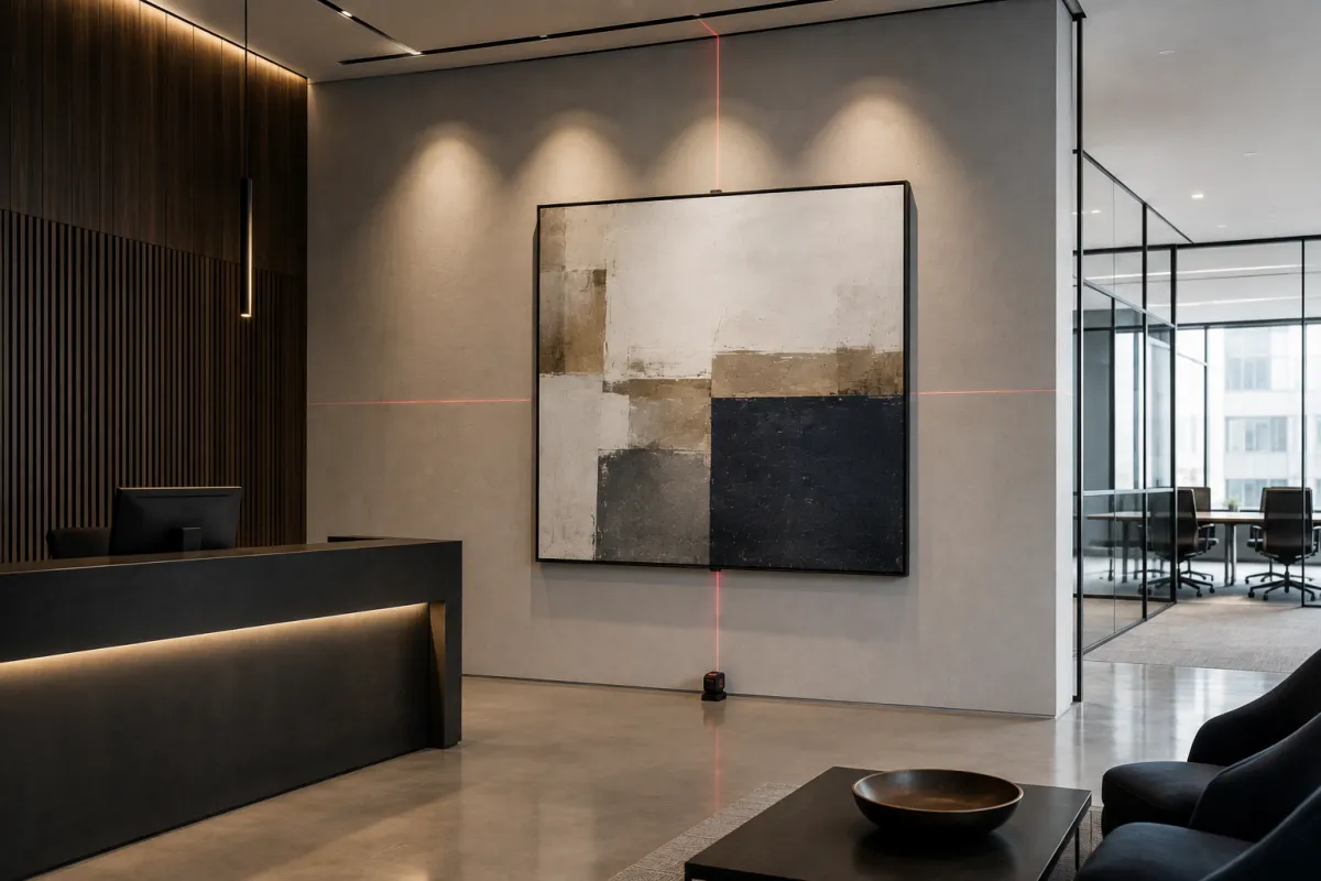 Commercial office reception featuring professionally installed contemporary artwork in a modern corporate interior