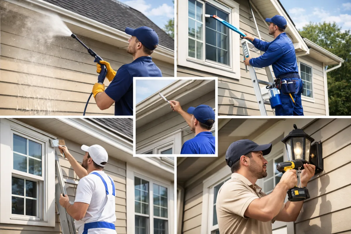 Technician cleaning home exterior